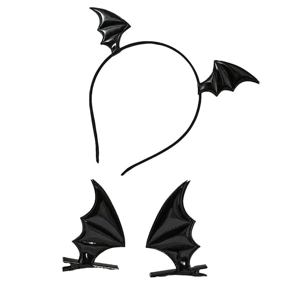Tiara de Halloween com morcegos, presilhas e traje completo. Acessório perfeito para fantasias e festas temáticas.