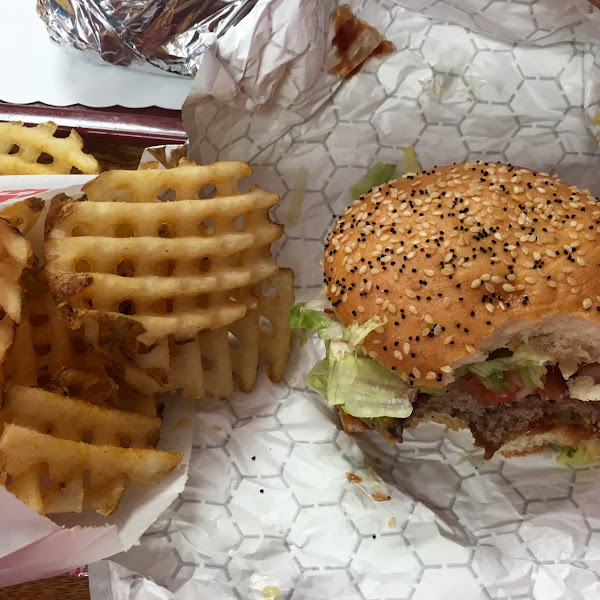 GF BBQ Bacon Burger with waffle fries 
(Celiac Approved)