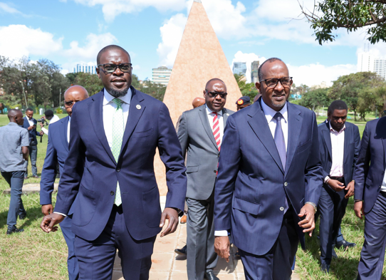 Defence CS Aden Duale with Nairobi Governor Johnson Sakaja during the handover of Uhuru Park to Nairobi County Government on April 18, 2024.