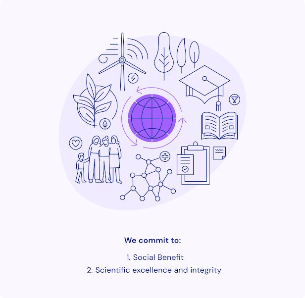 Purple graphic image with the words we commit to: 1. social benefit, 2. scientific excellence and integrity.