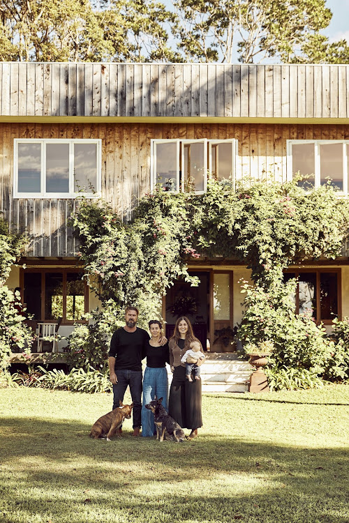 David, Jane and Hannah Fewson with baby Purslane and their dogs, Lennie and Bean.