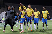 Leandro Sirino of Mamelodi Sundowns (26) celebrates goal with teammates during the 2018 Telkom Knockout Cup match between Mamelodi Sundowns and Bloemfontein Celtic at the Lucas Moripe Stadium, Atteridgeville on 20 October 2018.