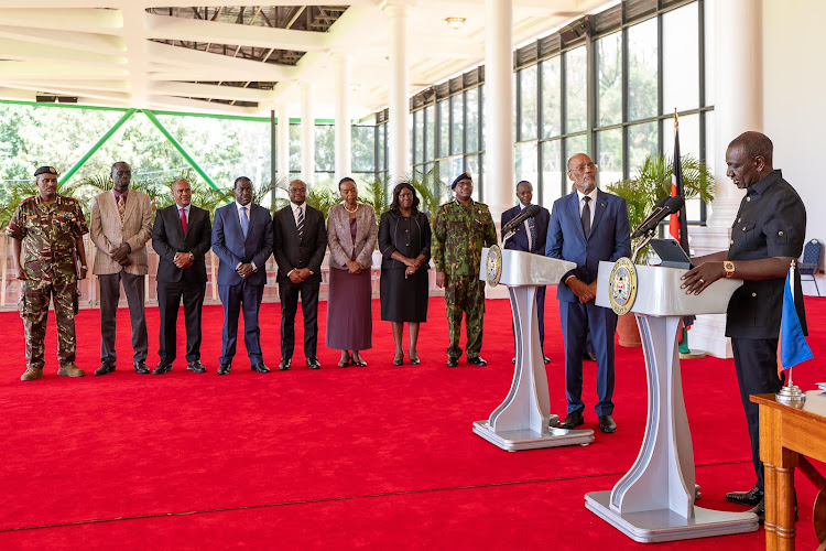 President William Ruto speaks after the signing ceremony of an agreement on deployment of 1,000 police officers to the Multi-National Security Support Mission in Haiti on March 1, 2024.