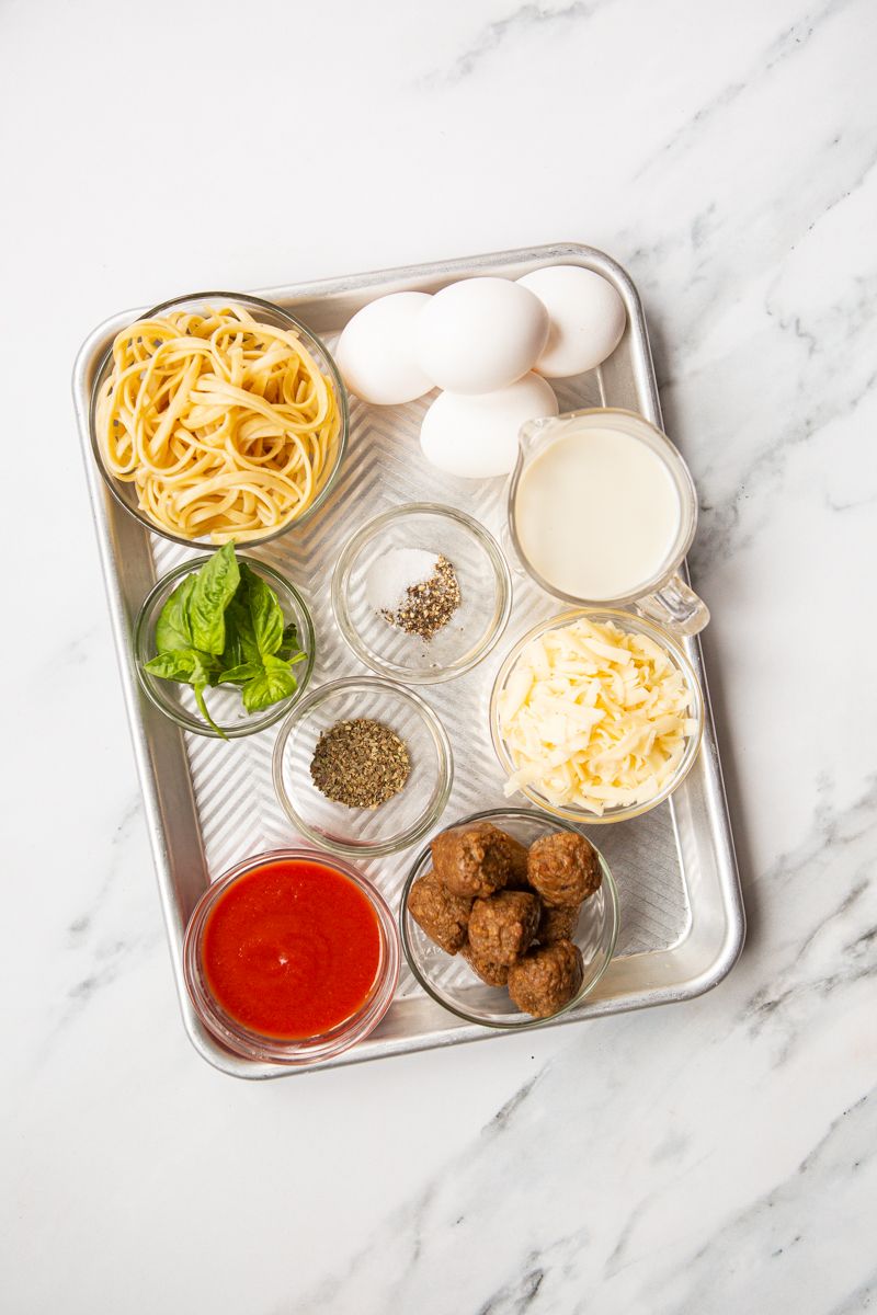 ingredients to make spaghetti and meatballs frittata