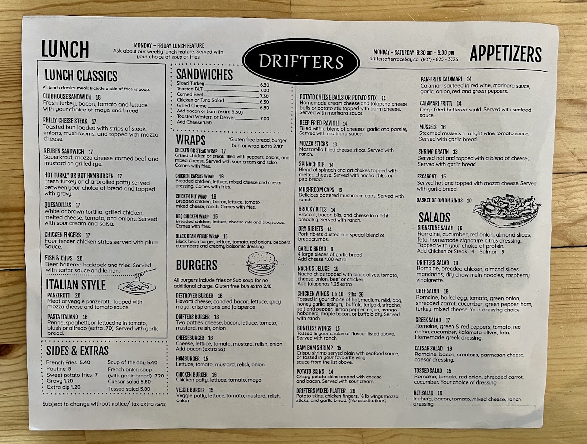 Drifters Restaurant gluten-free menu