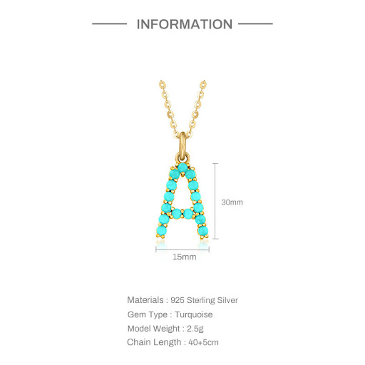 Title 13, S925 Sterling Silver 26-Letter Natural Turquois...