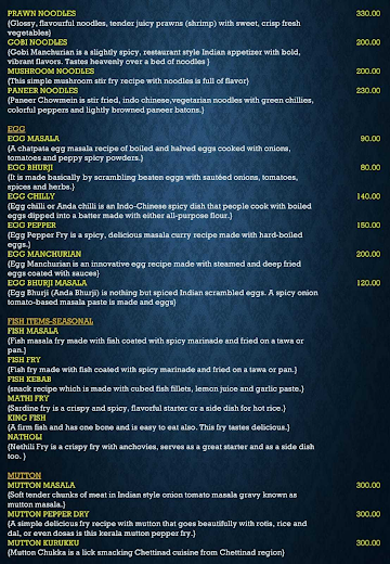 Sky Malabar Restaurant menu 