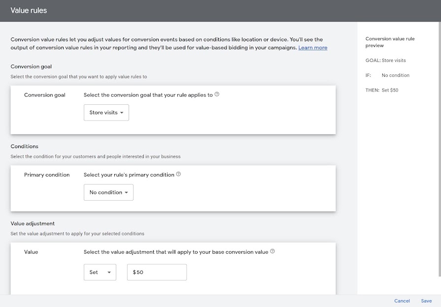 Screenshot of Value rules in the Google Ads UI