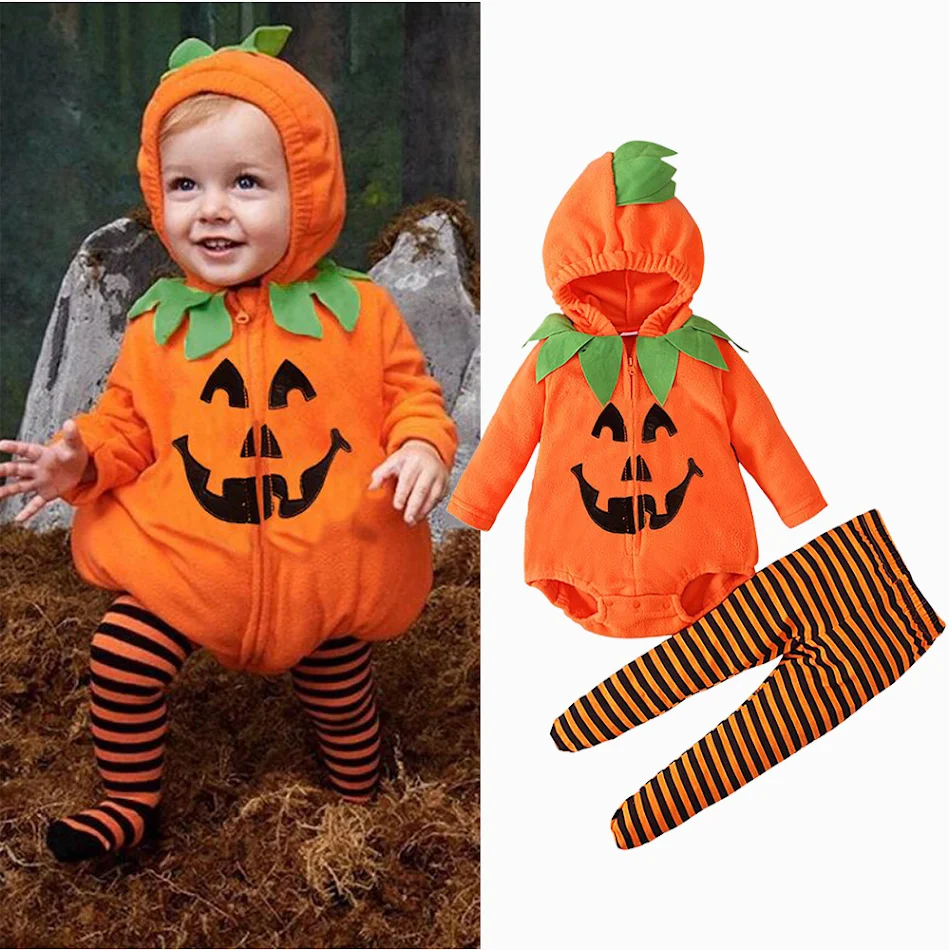 Macacão infantil de Halloween com capuz, abóbora manga longa, fantasia confortável e divertida para festas e brincadeiras.
