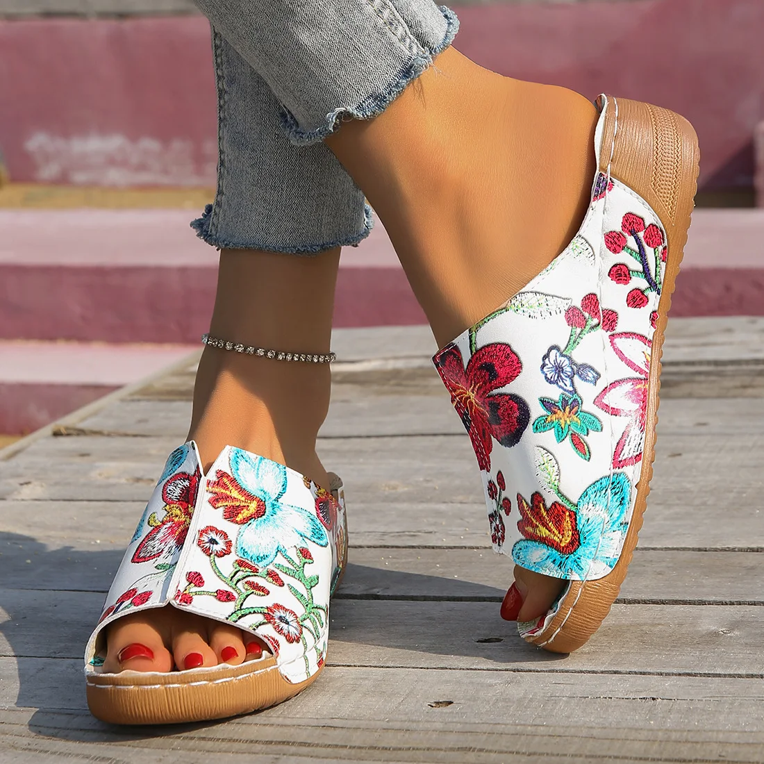 Title 7, Sandalias de cuña peep toe fáciles de poner, el...
