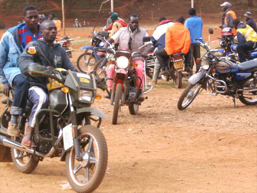 RETURN THE BIKE: Boda boda operators at Embu stadium on August 3, 2011. Operators on Wednedsay drove to Manyatta police station to demand a new motorcycle. Photo/Reuben Githinji