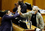 DA chief whip Natasha Mazzone and DA leader John Steenhuisen celebrate in the National Assembly after parliament voted by a large majority to investigate public protector Busisiwe Mkhwebane. 