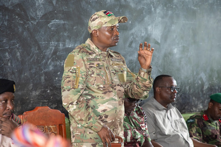 Interior CS Kithure Kindiki addressing a meeting during a visit to Lamu County on December 7, 2023.