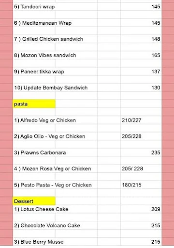 Mozon Burger menu 