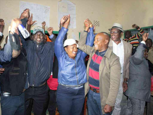 Wiper Machakos governor nominee Wavinya Ndeti celebrates with supporters after winning the second round of primaries, May 6, 2017. /ANDREW MBUVA