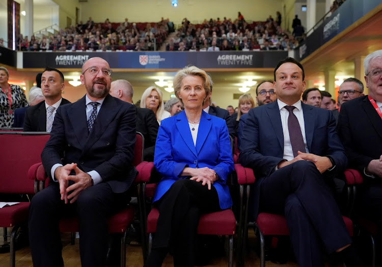 President of the European Council Charles Michel, European Commission president Ursula von der Leyen and Ireland's Prime Minister Leo Varadkar in Belfast, Northern Ireland, April 19 2023. Picture: NIALL CARSON/REUTERS