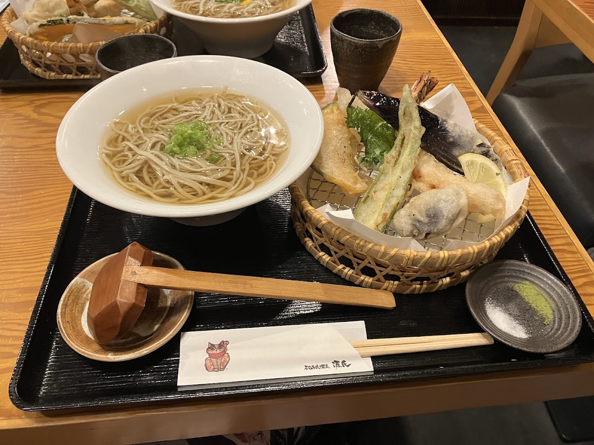 Tempura vegetables and soba noodle soup