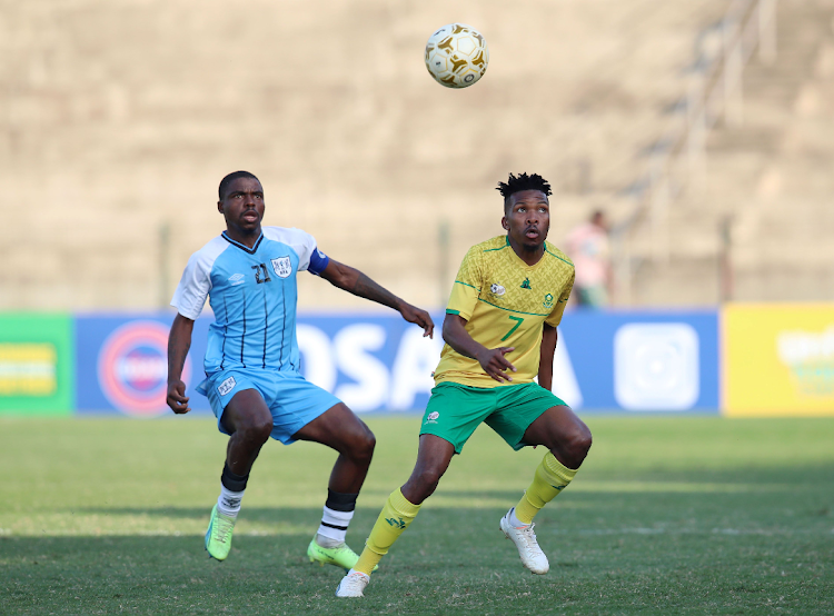 Bafana Bafana player Shaune Mogaila (right) challenged by Benson Mangolo of Botswana during the 2023 Hollywood Bets Cosafa Cup match at King Zwelithini Stadium on 08 July 2023.