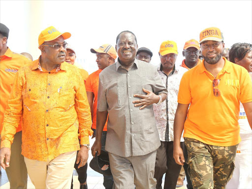 Migori Govenor Okoth Obado, Kisumu Governor Jack Ranguma, ODM leader Raila Odinga and Mombasa Governor Hassan Joho arrive for an ODM rally in Kirembe Grounds, Kisumu, last Saturday / PATRICK MWAVULA