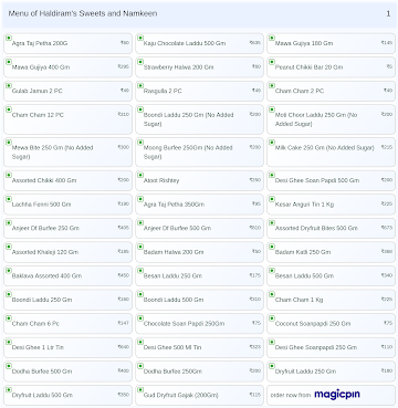 Haldiram's Sweets and Namkeen menu 