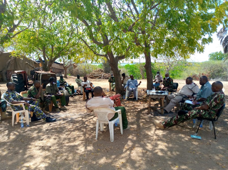 Lamu county commissioner chairs a security meeting convened shortly after the IED attack in Kiunga,Lamu West on March 23, 2021.