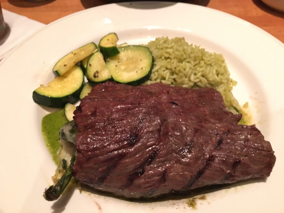 This is their GF Camaron Poblano Asada grilled steak around poblano pepper with shrimp, mushrooms, onions and monterey jack cheese, on chimichurri sauce