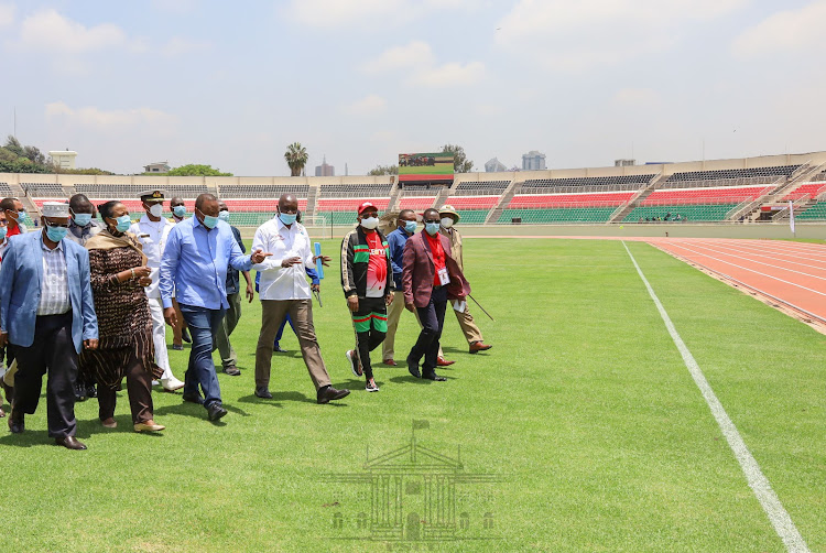 President Uhuru Kenyatta and Sports CS Amina Mohamed at Nyayo National Stadium on Saturday