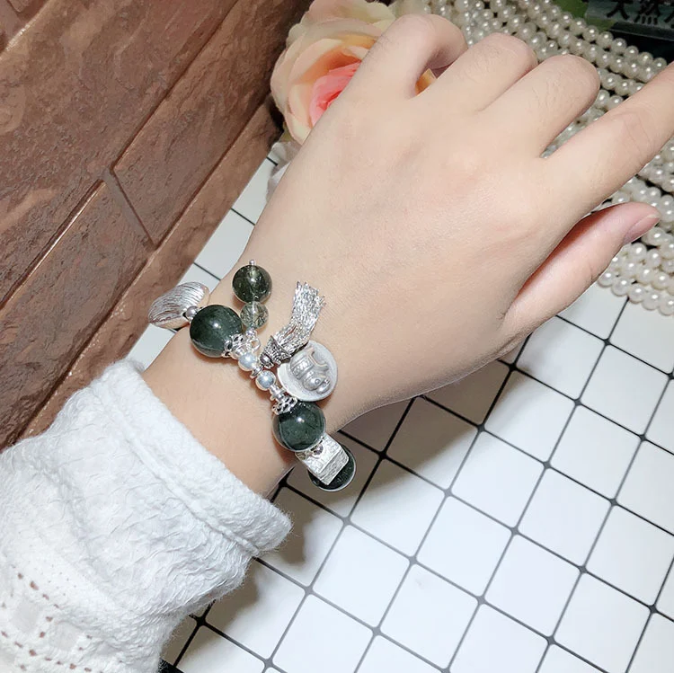 Vintage zilveren sieraden DIY groen kwarts rutiel 925 zilveren olifant kwastjes armband voor unieke sieraden.