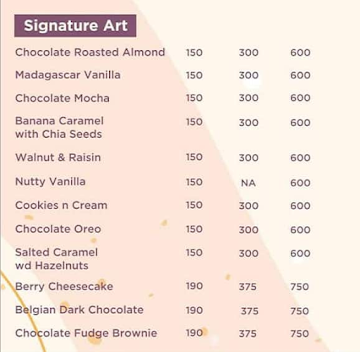 Artiste Handcrafted Ice Cream menu 