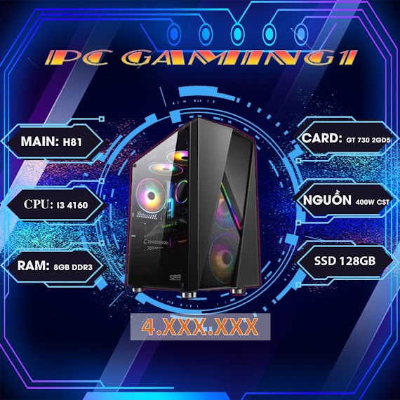 Bộ Case Gaming, Pc Chơi Game Cấu Hình Mạnh, H81/I3 4160/8Gb/Ssd128Gb/Vga Gt730 2Gbd5