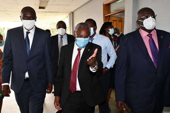 Acting Health director general Patrick Amoth, University of Nairobi VC Prof Kiama Gitahi and Education CS Prof George Magoha during the launch of the Centre for Epidemiological Modelling and Analysis at the University of Nairobi College of Health Sciences on June 9, 2021