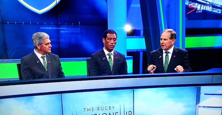 SuperSport's rugby analysts Nick Mallett (L), Ashwin Willemse (C) and Naas Botha doing a live studio analysis. The trio was put off air after a controversial scene in which Willemse walked off studio during a live analysis.