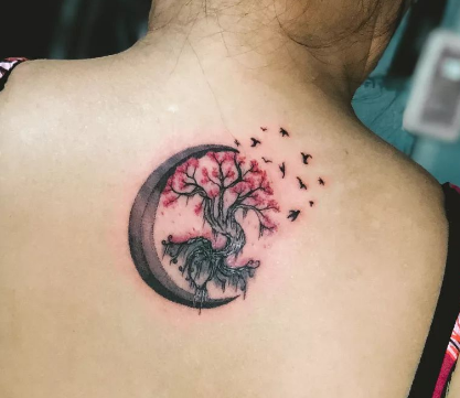 Crescent Moon With Cherry Blossom Tattoo