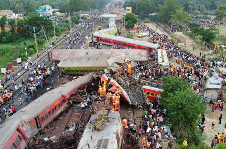 A drone view shows derailed coaches after trains collided in Balasore district in the eastern state of Odisha, India, June 3 2023. Picture: REUTERS