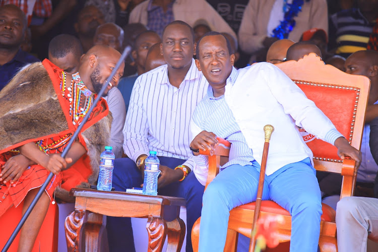 Media Personality Stephen with Narok Governor Patrick Ole Ntutu during his Thanksgiving ceremony at Enooretet Village in Narok County on October 13, 2023.