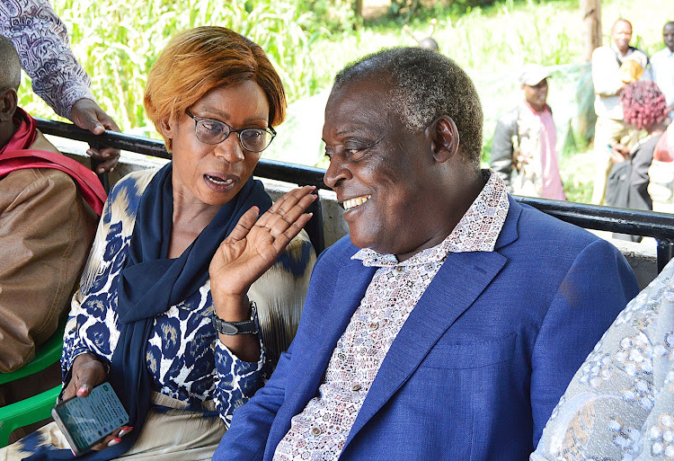 Kakamega Senator Naomi Shiyonga and UDP leader and Kakamega gubernatorial candidate Cyrus Jirongo during a campaign rally in Shikutse market, Malava constituency, on Tuesday, June 30, 2022.