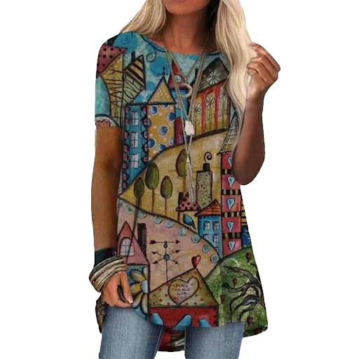 Title 15, Crew neck casual ethnic style vintage print sho...