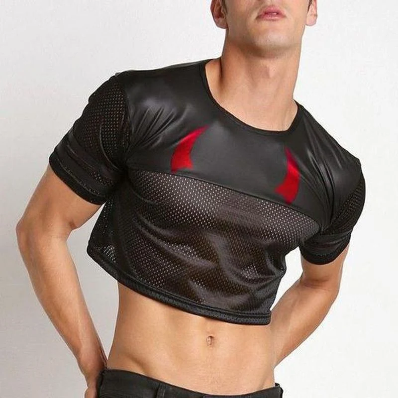 Mezza maglietta uomo vita alta con pannelli in mesh di pelle