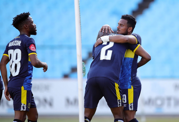 Kermit Erasmus of Cape Town City celebrates his goal with teammates during the Absa Premiership against Orlando Pirates at Loftus Versfeld Stadium on August 23, 2020.