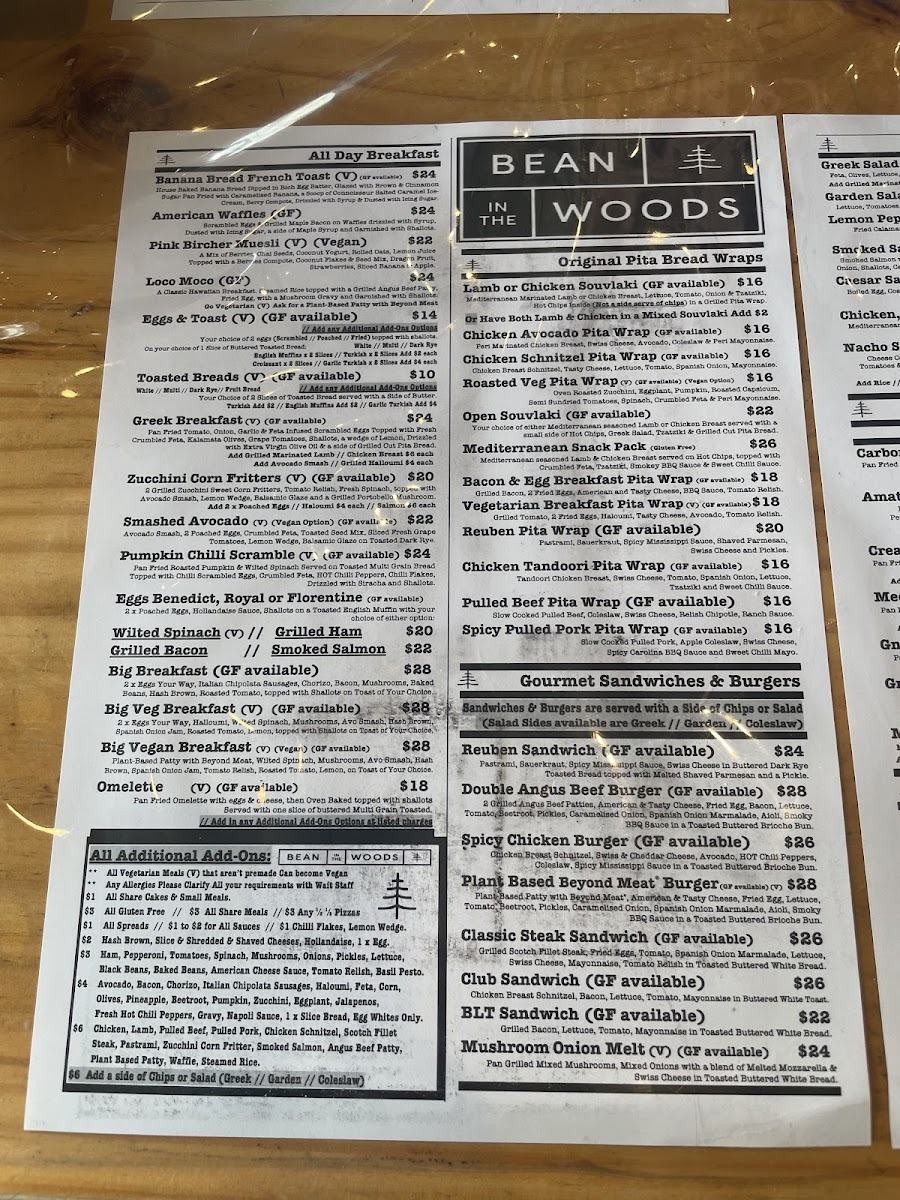 Bean in the Woods. gluten-free menu