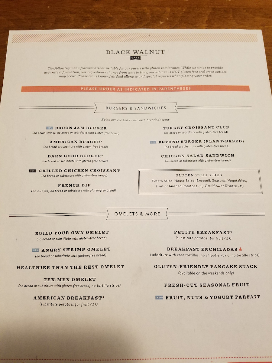 Black Walnut Cafe gluten-free menu