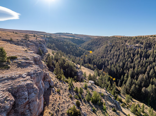 Forested hills and rocky cliffs in this luxury farmhouse for sale in Shell ($5,750,000)