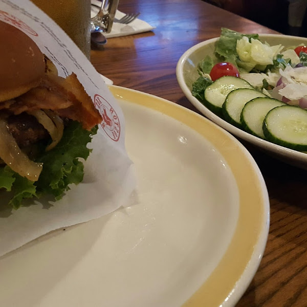 Yummy all star burger with gf bun and side salad