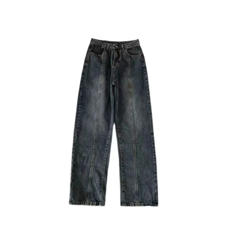 Jean Droit Américain Rétro Design Double Ligne de Pression Style High Street Taille Haute Confort et Style pour un Look Tendance