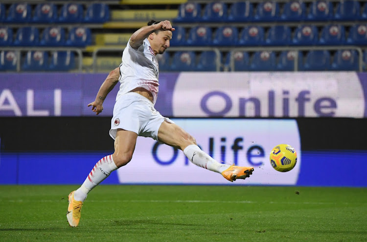 AC Milan's Zlatan Ibrahimovic scores in the Serie A match against Cagliari at Sardegna Arena, Cagliari on January 18, 2021