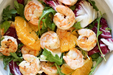 Grilled Shrimp Salad with Orange, Endive, Baby Arugula and Radicchio