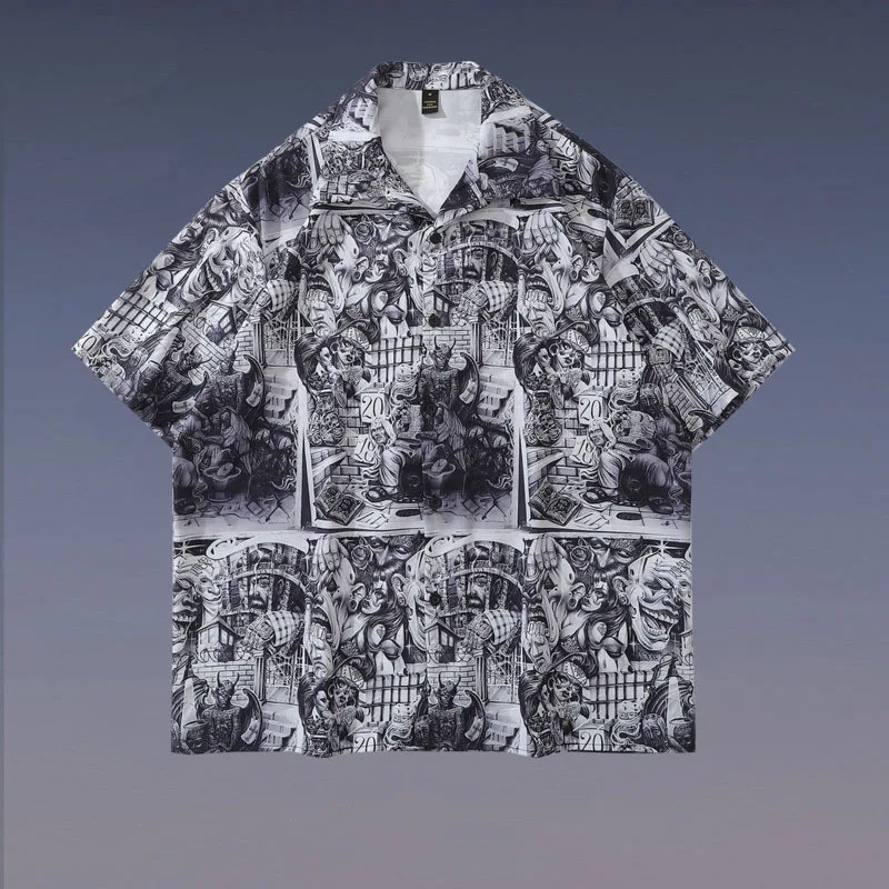 Camicie a maniche corte con stampa integrale retro High Street per uomo e donna. Stile moderno e vivace, perfette per un look casual e alla moda.