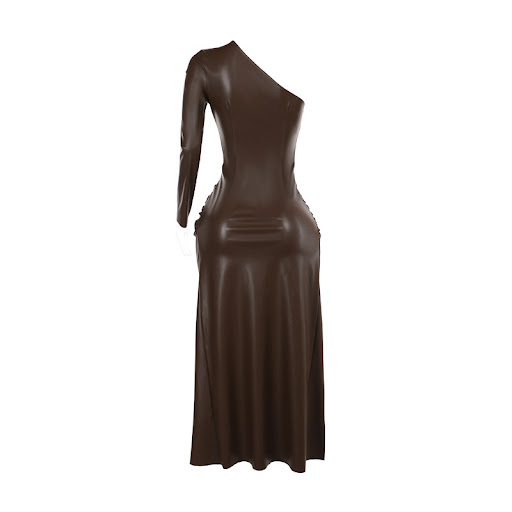 Title 21, Autumn Fashion Oblique Shoulder PU Split Dress