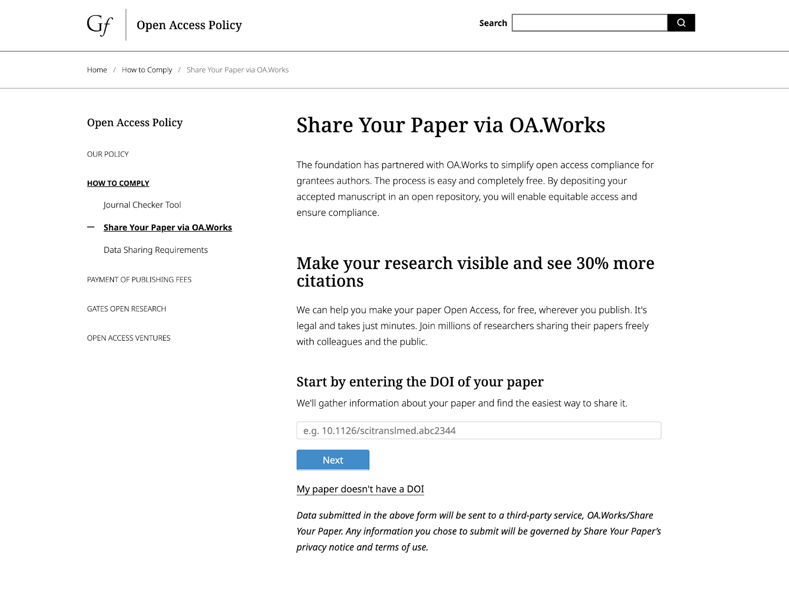 A screenshot of a website inviting you to “Share Your Paper via OA.Works”. Large text reads, “Make your research visible and see 30% more citations”, followed by a box to enter a paper's DOI and a button labeled “next”.