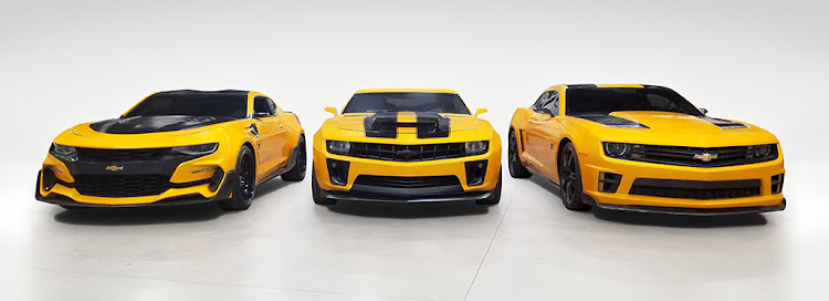 Three of the four Bumblebee Camaros from the Transformers movies that are going under the hammer later this month. Picture: SUPPLIED